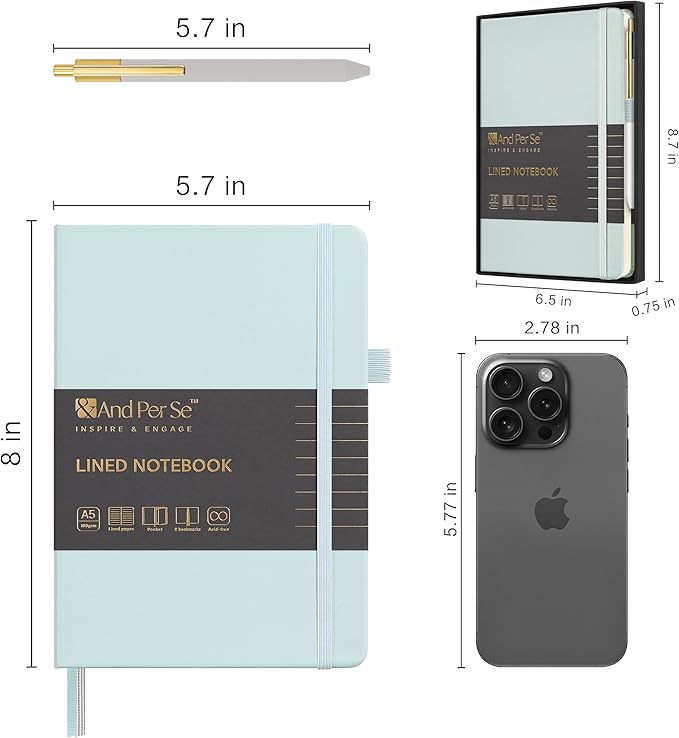&And Per Se Lined Journal and Pen Set, A5 Leather Journal Stationery Set, 160 Pages 100GSM Thick Paper, Notebook Gift Set (Cyan)