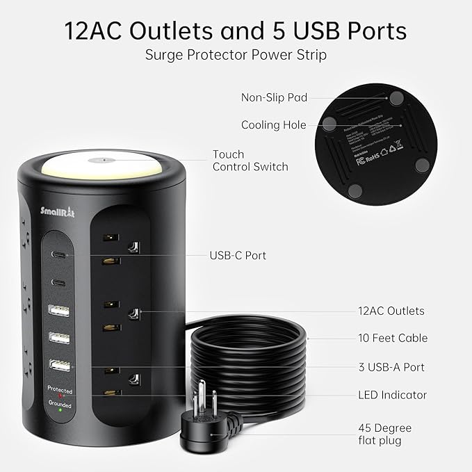 Surge Protector Power Strip Tower with 5 USB Ports and Night Light,10FT Extension Cord with 12 AC Multiple Outlets (Black, 10FT)