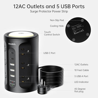 Surge Protector Power Strip Tower with 5 USB Ports and Night Light,10FT Extension Cord with 12 AC Multiple Outlets (Black, 10FT)