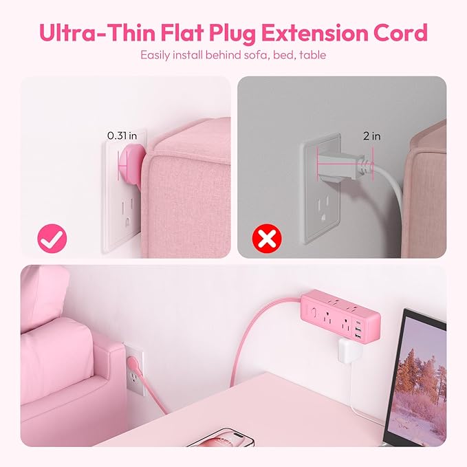 NTONPOWER Pink Extension Cord 15 ft, 1080 Joules Surge Protector Power Strip with 6 Widely Outlets 3 USB (1 USB C), Power Strip Long Cord Flat Plug Extension Cord for Home Office Dorm Room Essentials