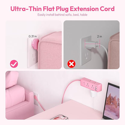 NTONPOWER Pink Extension Cord 5 ft, 1080 Joules Surge Protector Power Strip, Flat Plug Extension Cord with 6 Widely Outlets 3 USB (1 USB C), Power Strip Long Cord for Home Office Dorm Room Essentials