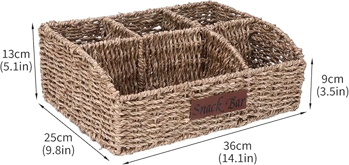 Snack Organizer for Countertop, Trapezoid Snack Organizer Seagrass Wicker Basket, 5 Compartments Snack Box Container, Snack Bar Station Organizer, Kitchen Cabinet Pantry Organizer and Storage