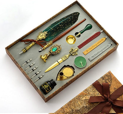 Antique Feather Pen Set, with Craft Decoration Pen, Wood Dip Pen, Metal Spoon, Wax Seal Sticks, Ink, Candle, Pen Nibs, Pen Nib Holder, Wax Seal Kit for Wedding Invitation Card #88