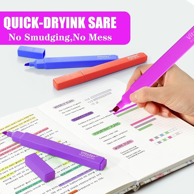 Vitoler Highlighters,10 Pack Assorted Colors Highlighters with Soft Chisel Tip,Bible Highlighter No Bleed,Book Markers for Women