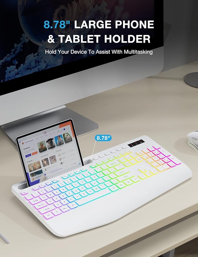 Wireless Keyboard with 9 Effects Backlits, Wrist Rest, Phone Holder, Rechargeable Ergonomic Computer Keyboard with Silent Keys, 2.4G Lag-Free Cordless Set for PC, Laptop, Windows, Mac (Keyboard Only)