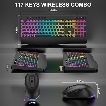 Wireless Keyboard and Mouse Combo, 9 Backlit Effects, Rechargeable 4000mAh Backlit Keyboard with Wrist Rest, 6 Button Mouse, 2.4G Full Size Quiet Keyboard Set for Computer, PC, Laptop, Mac, Windows