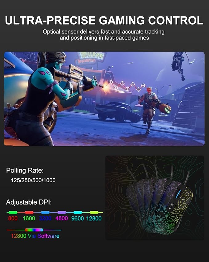 Womier G706 USB Wired Gaming Mouse for PC Computer Windows Mac Laptop, Lightweight Silent RGB Backlit Mouse with Adjustable 12000DPI/7 Programmable Side Buttons,Kanagawa Theme (Black Topographic)