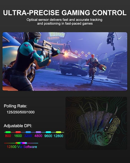 Womier G706 USB Wired Gaming Mouse for PC Computer Windows Mac Laptop, Lightweight Silent RGB Backlit Mouse with Adjustable 12000DPI/7 Programmable Side Buttons,Kanagawa Theme (Black Topographic)