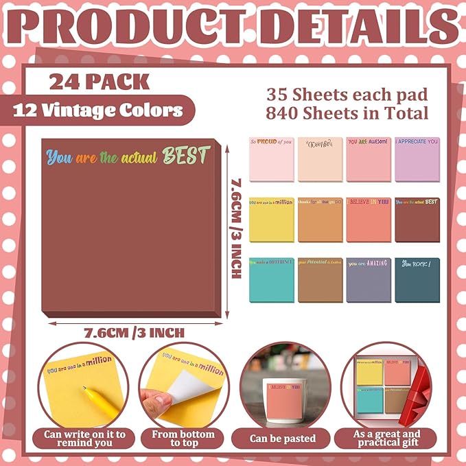 Yinder 24 Pcs Inspirational Sticky Notes Christmas Stocking Stuffers Motivational Sticky Notes Pad Employee Appreciation Gift Bulk for Teacher Nurse Coworker Office 3 x 3'' (Thank You,Vintage Style)