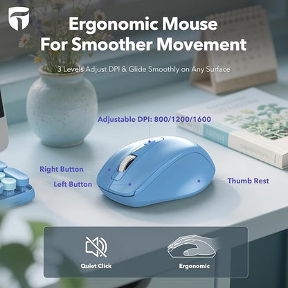 Wireless Keyboard and Mouse Combo, Retro Round Keycaps, Full-Size Cute Typewriter Keyboard with Large Phone/Tablet Holder, Auto-Sleep, 2.4GHz Cordless Connection for Windows/PC/Laptop (Sky Blue)