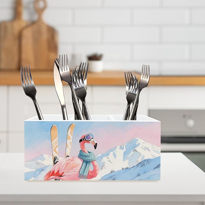 Winter Skiing Flamingo Pen Pencil Holder Organizer for Desk, Pink Flamingo Gifts, Pink Tropical Bird Snowy Mountain Wood Cooking Kitchen Utensils Utensil Organizer Holder Decor
