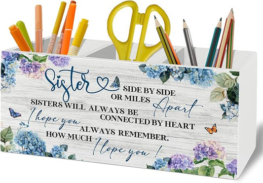Sister Gifts for Women Pen Pencil Holder Organizer for Desk Accessories, Sister Gift for Christmas, Long Distance Gifts, Hydrangea Floral Wooden Box Sign Desk Decor for Home Office Decoration