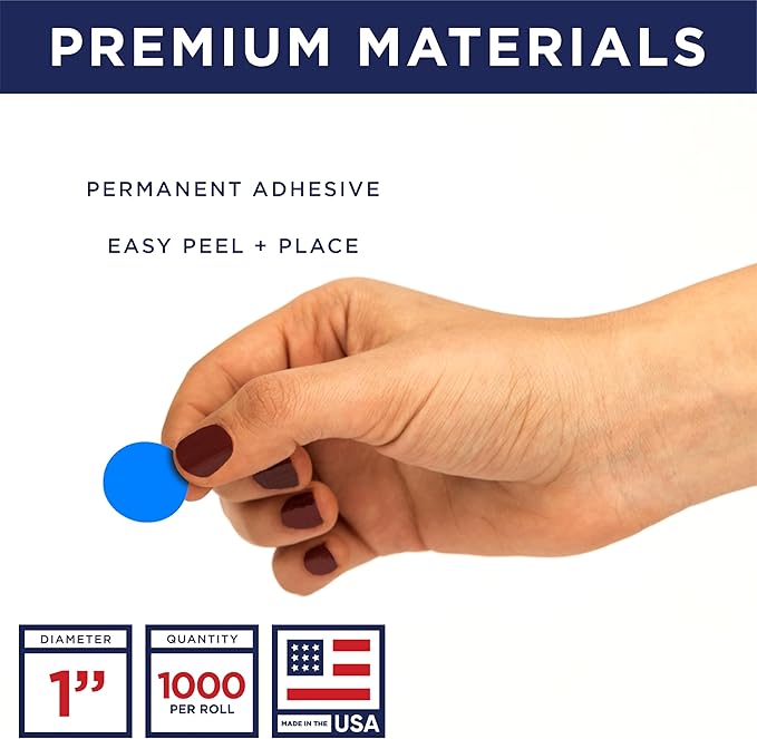 Blue 1-Inch Circle Dot Stickers – 1,000 Round Adhesive Labels per Roll, Colored Stickers for Garage Sale Price Tags, Classroom, Inventory, Office & Yard Sale Supplies, Made in USA