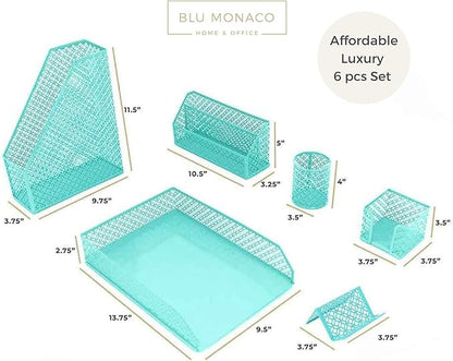 BLU MONACO Aqua - Teal 6 Piece Cute Desk Organizer Set - Desk Organizers and Accessories for Women - Cute Office Desk Accessories - Desktop Organization