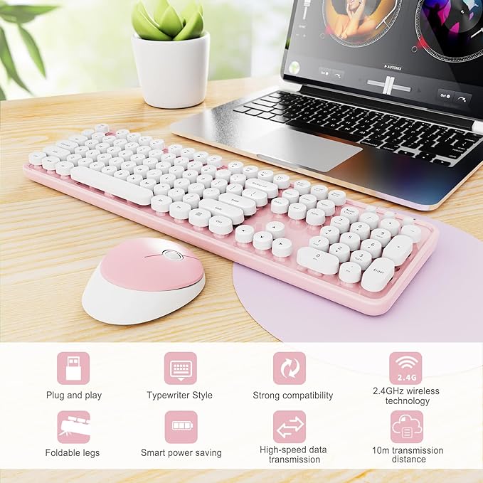 Wireless Keyboard and Mouse Combo, Ergonomic Full Size Typewriter Retro Round Keycaps Keyboard, Compatible with Windows, PC, Perfer for Home and Office Keyboards (Lovely Pink)
