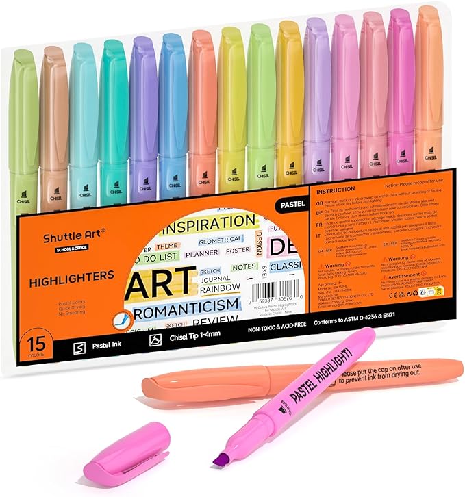Shuttle Art Highlighters, 15 Colors Pastel Highlighter Pens Assorted Colors, Chisel Tip Dry-Quickly Non-Toxic Highlighter Markers for Adults Kids Highlighting in the Home School Office