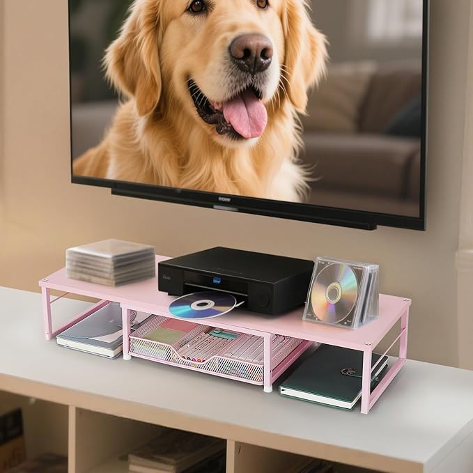 Dual Monitor Stand Riser, Desk Organizer with Drawer, Office Desk Organizers and Accessories, Office Workspace Organization Computer Monitor Stand for Laptop, Printer, TV（Pink）