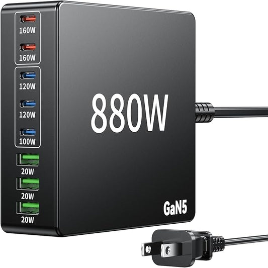 880W USB C Charger Block Charging Station 8 Port Fast Chager 140W PD PPS AVS HUB Laptop MacBook Charger Compatible with All iPhone 17 Pro Max/17 Air/16 SE/Samsung Galaxy 25/ MacBook Pro/Air/iPad Pro