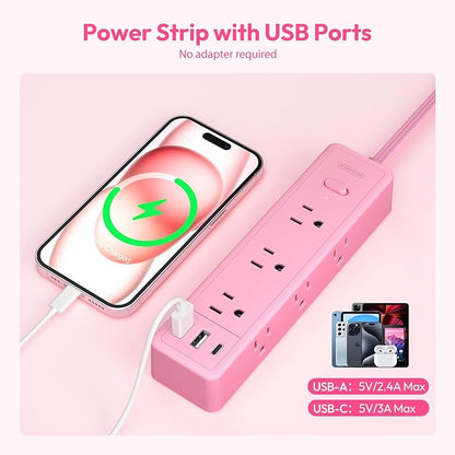 Pink Power Strip, NTONPOWER Surge Protector Power Strip Flat Extension Cord 15FT, 9 Outlets 3 USB Ports(1 USB C), Wall Mount, 1080J, Multiple Outlets for Home, Dorm, Vanity Desk, Nightstand,Women