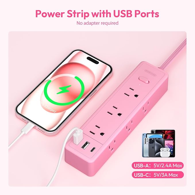 Pink Power Strip, NTONPOWER Surge Protector Power Strip, Cute Pink Extension Cord 5FT, 9 Outlets 3 USB (1 USB C), Mounted, 1080J, Multiple Outlets for Home Office, Kawaii, Desk Accessories, Women
