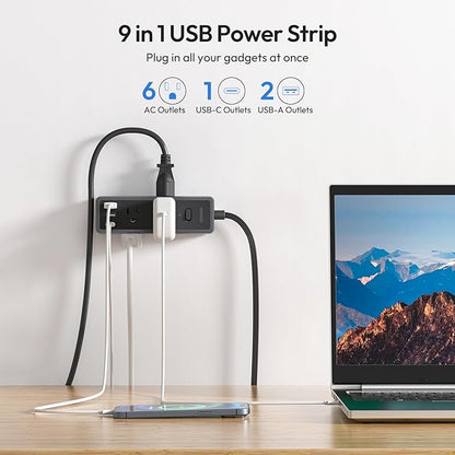 NTONPOWER Extension Cord 5 ft, Flat Plug Power Strip Surge Protector 1080 Joules with 6 Widely Outlets 3 USB (1 USB C), Flat Extension Cord for Home Office Dorm Room Essentials