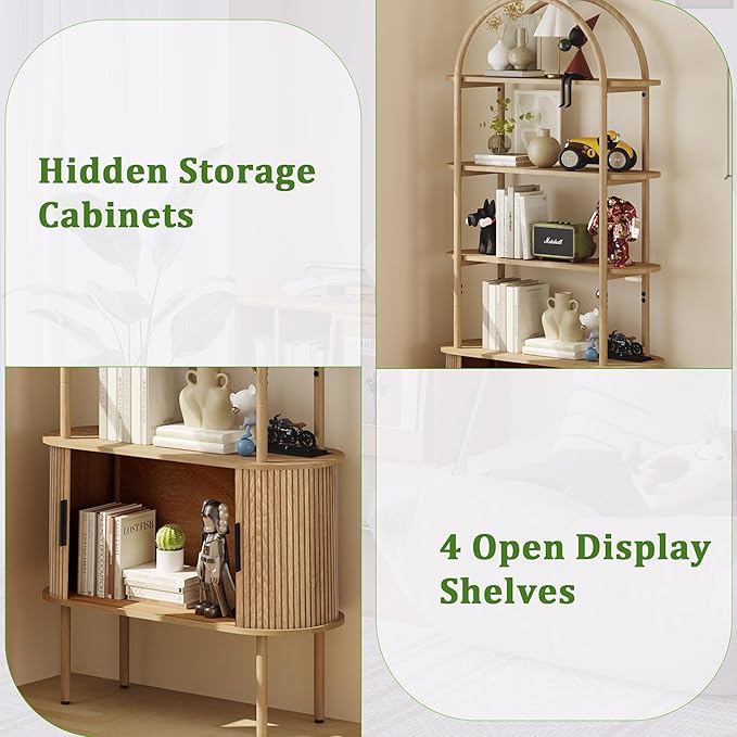 71" Tall Fluted Arched Bookshelf with Sliding Tambour Doors, Mid Century Modern Metal Curved Bookshelf Cabinet with Storage, 4-Tier Open Display Storage Shelf for Home Office, Living Room (Natural)