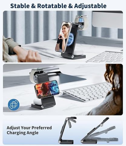 Magnetic Wireless Mag-Safe Charging Station, 3 in 1 Fast Max Charging for iPhone 16 15 14 13 12 Pro Max Plus, Apple Watch, Air Pods Pro - Space-Saving Multi-Device Stand (Black)