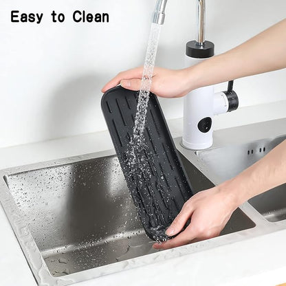Silicone Kitchen Sink Organizer Tray for Multiple Usage,Eco-Friendly Sponges Holder for Kitchen Bathroom Counter or Sink,Dish Soap Dispenser,Scrubber,Bottle,Cup (Black, 12"×4")