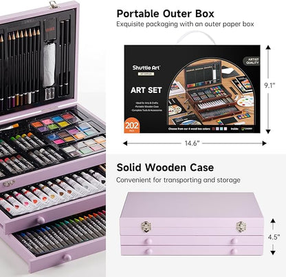 Shuttle Art Deluxe Gift Art Kit, 202-Piece Wooden Art Supplies Set with 4 Drawing Pads, Canvases, Coloring Sheets, Acrylic Paint, Crayons, Oil Pastels, Colored Pencils for Kids