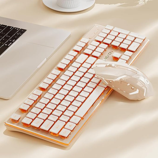 EWEADN V3 Wireless Keyboard and Mouse with Single Backlit, Metal Panel, Bluetooth/2.4G Rechargeable Computer Keyboard and Mouse Combo Silent Lighted Full Size Cute Keyboards-Rose Gold