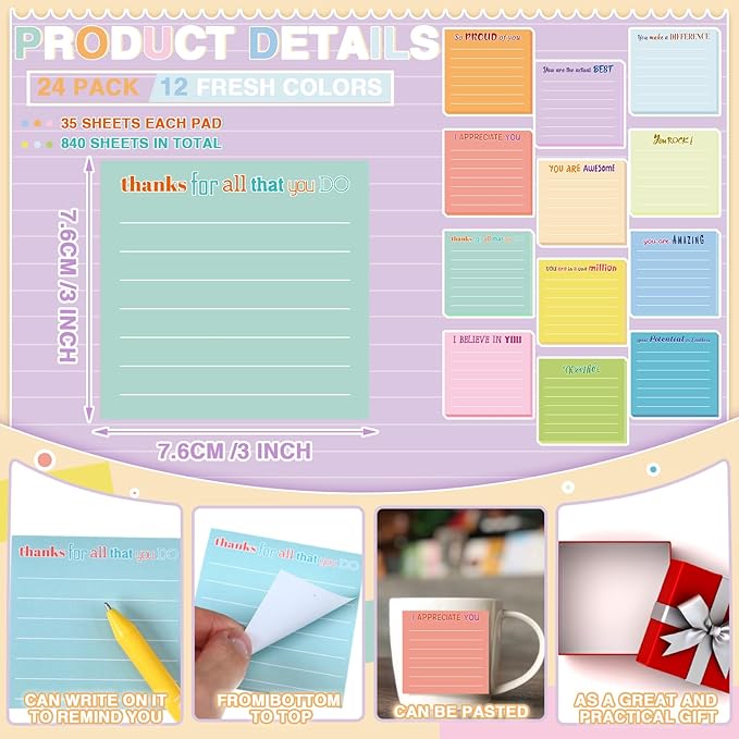 Yinder 24 Pcs Inspirational Sticky Notes Christmas Stocking Stuffers Motivational Sticky Notes Pad Employee Appreciation Gift Bulk for Teacher Nurse Coworker Office 3 x 3'' (Thankful,Light Color)