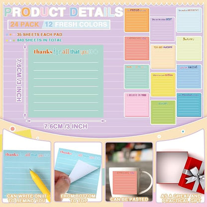 Yinder 24 Pcs Inspirational Sticky Notes Christmas Stocking Stuffers Motivational Sticky Notes Pad Employee Appreciation Gift Bulk for Teacher Nurse Coworker Office 3 x 3'' (Thankful,Light Color)
