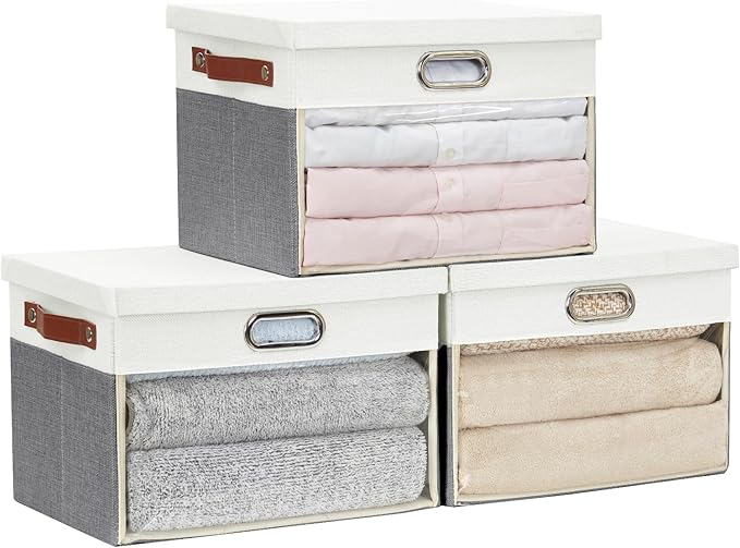 Fabric Clear Window Storage Bins with Lid, Closet Storage Box Linen Closet Baskets with 3 Handles for Organizing Clothing, Jeans, Shelves 15''- 3 Pack (Gray and White)