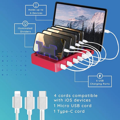 Charging Station for Multiple Devices – 6-Port USB Charging Dock for Apple & Android – Fast Multi-Charger Organizer for Phones, Tablets & More (Pink)