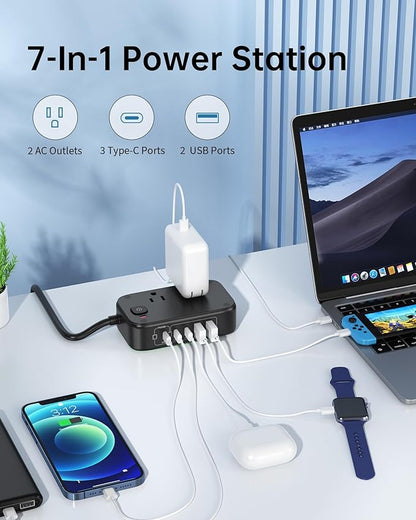 Power Strip with USB C Ports, 30W USB C Charging Station with 2 Outlets 3 USB C & 2 USB A, Surge Protection 1200J Charger for Multiple Devices, 5FT Flat Extension Cord USB Charger Hub for Travel Home