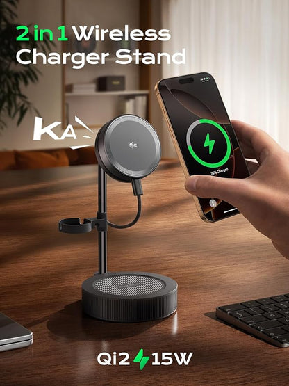 THREEKEY Charging Station, for MagSafe Charger with 180° Rotation, Qi2 15W Fast Charging Pad with Dual-Sided Magnets, Magnetic Wireless Charger Stand for iPhone 16-12 Series/Airpods (TZH104 Black)