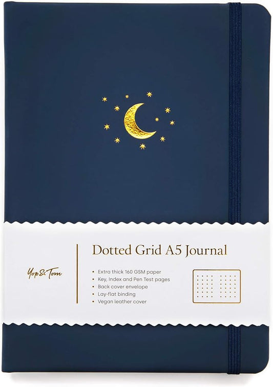 Yop & Tom Bullet Dotted Journal (A5) - Moon and Stars - Dot Grid Notebook With Extra Thick Paper (160 GSM) - Midnight Blue