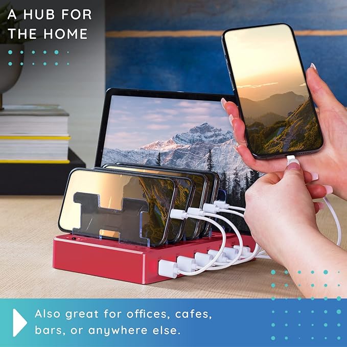 Charging Station for Multiple Devices – 6-Port USB Charging Dock for Apple & Android – Fast Multi-Charger Organizer for Phones, Tablets & More (Pink)