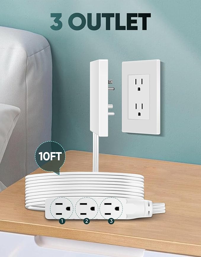 Outlet Concealer Power Strip-Outlet Cover Extender with 3AC Outlets-10ft Flat Plug Extension Cord,Universal Size,1625W for Kitchen, Home and Office,Child & Pet Safe(10 Foot)