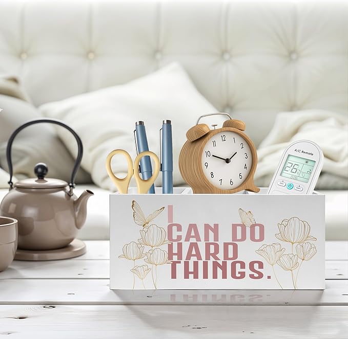 I Can Do Hard Things Pencil Pen Holder for Desk, Butterfly Floral Inspirational Wooden Pencil Holder Organizer for Home Office Desk Accessories, Encouragement Gifts for Women