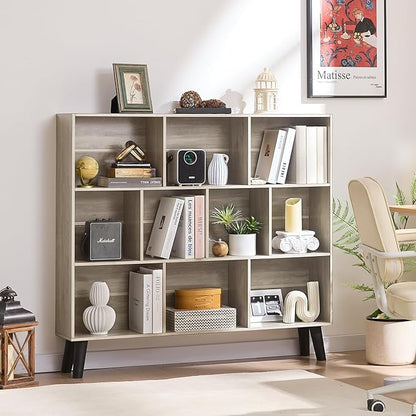 LEYAOYAO 10 Cube Bookshelf,3 Tier Modern Wide Bookcase with Legs,Mid-Century Wood Bookshelves Storage，Retro Grey Large Book Case,Freestanding Organizer Display Shelf for Bedroom,Living Room,Office
