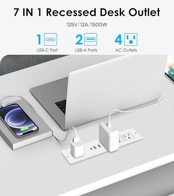 VILONG Recessed Power Strip with PD 20W USB-C, Flush Mounted Drawer Outlet, 4 Outlets & 3 USB Ports, Conference Desktop Built in Power Strip, 6.5FT Extension Cord(White)