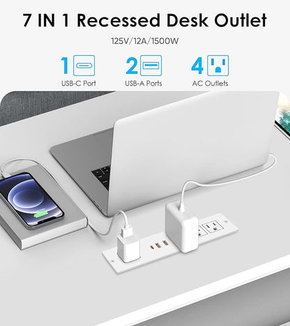 VILONG Recessed Power Strip with PD 20W USB-C, Flush Mounted Drawer Outlet, 4 Outlets & 3 USB Ports, Conference Desktop Built in Power Strip, 6.5FT Extension Cord(White)