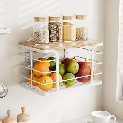 Potato and Onion Storage Bin,Kitchen Organizers Pantry Bin with Bamboo Top for Onion,Potato,Fruits,Vegetable,Produce Storage, White