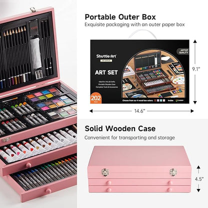 Shuttle Art Deluxe Gift Art Kit, 202-Piece Wooden Art Supplies Set with 4 Drawing Pads, Canvases, Coloring Sheets, Acrylic Paint, Crayons, Oil Pastels, Colored Pencils for Kids