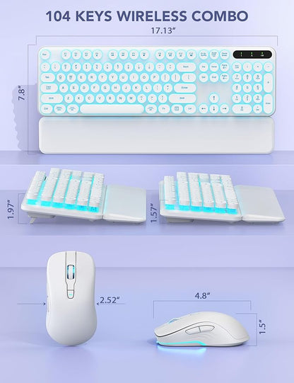Wireless Keyboard and Mouse Backlit - Typewriter Keyboard with Retro Round Keycaps, Detachable Wrist Rest, Light Up Letters, 2.4G Rechargeable Combo for Mac, Windows, PC, Laptop, Trueque (White)