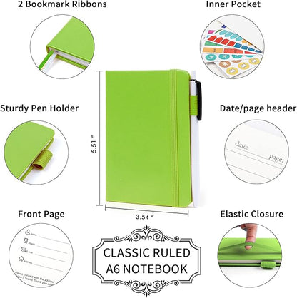 feela 6 Pack Pocket Small Notebooks Bulk, Mini Cute Memo Notepads Hardcover College Ruled Lined Journals with Pen Holder for Women Girls Office School, with 6 Black Pens, 3.5”x 5.5”, A6, Green