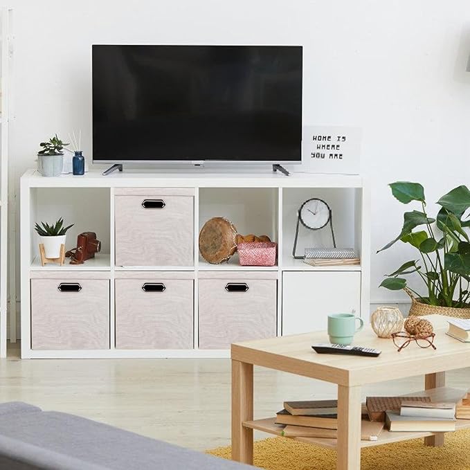 Storage Bins with Lids, Collapsible Linen Fabric Boxes Organizer Containers with Lid Foldable Storage Box Basket for Closet, Shelves, Home, Office, 11 x 11 x 11.4 Inch, 4 Pack, Beige