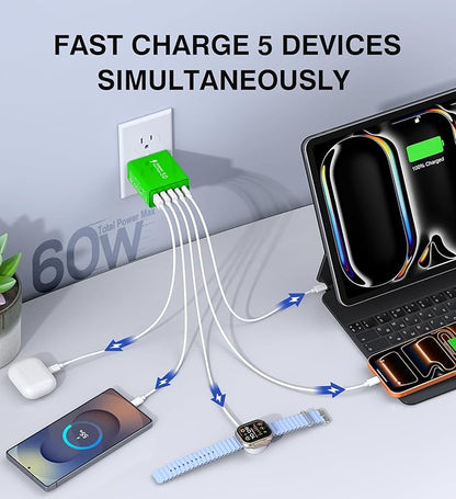 USB C Wall Charger, 60W USB C Charger Block 5-Port PD Fast Charging Blocks,USB A Multiport Plug Brick Cube,Dual Type C Power Adapter for iPhone 17/16/15/14/13/Pro,iPad,Samsung,for Switch（Green 2-Pack）