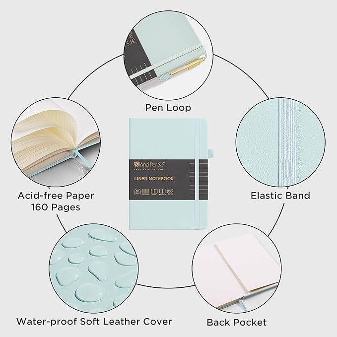 &And Per Se Lined Journal and Pen Set (3 packs), A5 Leather Journal Stationery Set, 160 Pages 100GSM Thick Paper, Notebook Gift Set (Cyan)